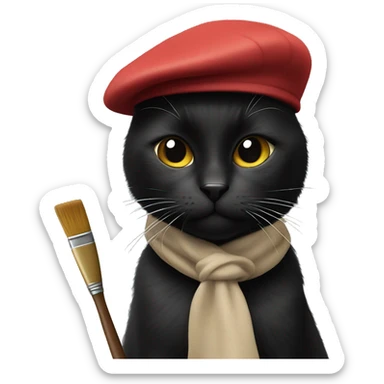 black cat wearing beret with a paintbrush ￼  sticker