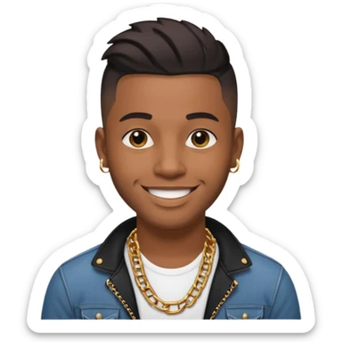 smiling 30-year-old music producer, brown skin, short black undercut, gold chain, modern style sticker