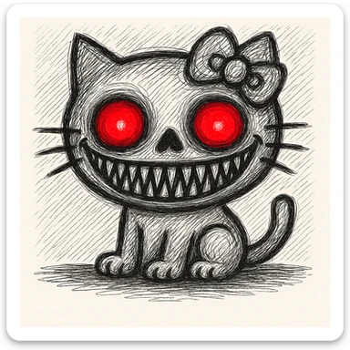 Make Hello Kitty's horror face smile much wider, keeping the glowing red eyes and unsettling features, in doodle style. The style is doodle style. sticker