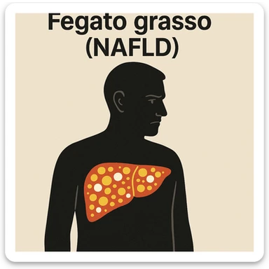 symbolic scene with silhouette of a person showing liver highlighted in transparency with yellow and white areas indicating fat, serious expression, neutral background, Italian text 'Fegato grasso (NAFLD)', 4K quality sticker