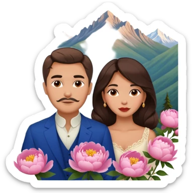 Couple traveling in Montenegro russian man and elegant  Latina girl delicate peonies and mountains in the background  sticker