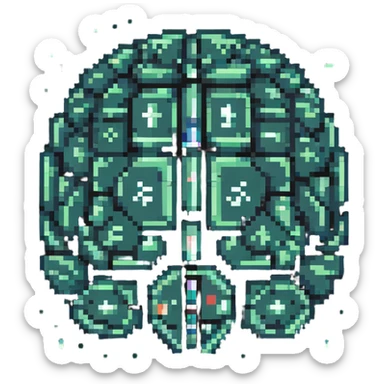 pixel art luminous crystal brain over ancient tablets with runes and various language symbols (A-Z, あ, 文, ع) orbiting in space around it sticker