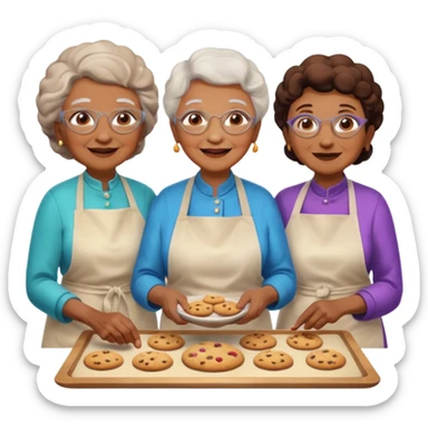 Portrait of multiple grandmas from different dimensions baking cookies together, overlapping realities, epic glowing aura, surreal cosmic kitchen, emoji-style sticker