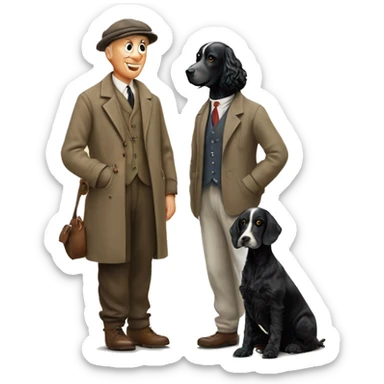Countryside dressed man in a flat cap with a black cocker spaniel and a springer spaniel  looking up at him. Man must have white hair but not look old. 50's sticker