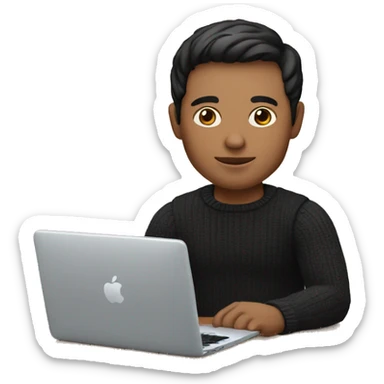 memoji of a man with a laptop in front, apple-style,modern,fair skin,black hair,black sweater,computer in hand,sitting on his desk sticker