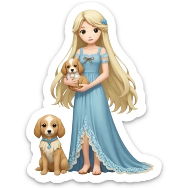 Pastel anime lady long hair with long lace dress full body holding puppy sticker