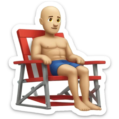 Bald man in a lifeguard outfit sitting in a lifeguard chair  sticker