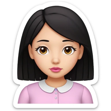 Gordita, ojos pequeños de color cafe oscuro, labios pequeños y rosados, piel trigueña, orejas pequeñas, cabello largo lazio y negro, pequeña. sticker