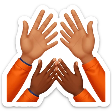 a high-five between two hands, one fair-skinned and one dark-skinned, wearing bright orange sleeves. sticker