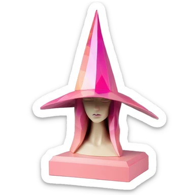 standalone sculpture witch hat is geometric, faceted design, on a hat display. The sculpture is angular and Alphonse Mucha style. The vibrant midtone tints of pastels and pink highlights the sharp edges and planes.  sticker