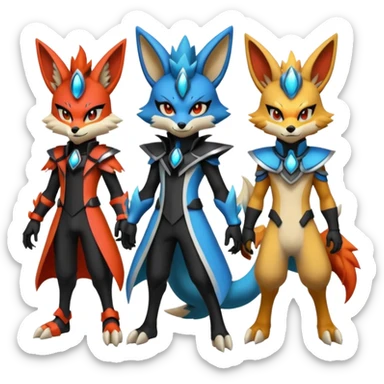 Futuristic modern colorful gothic cyber-Delphox-Zeraora-Lucario-fusion sticker