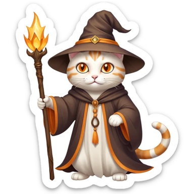 A cat wizard casting a spell with magical staff and flowing robes sticker