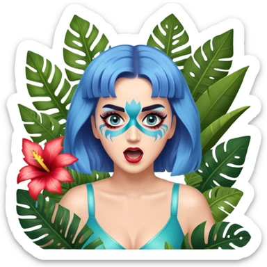 Katy Perry with face paint, roaring pose, surrounded by tropical plants, 'Roar' music video sticker