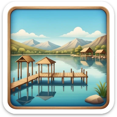 Polaroid photo showing a lake, no mountains, gazebos near the lake sticker