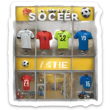 “Soccer store exterior with bold signage, large windows showcasing football gear, jerseys, and accessories, and a dynamic, athletic design reflecting the energy of the sport.” sticker