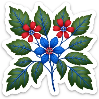 dull green leaves & red & blue flowers filigree design, leaf shapes, flower shapes, nature shapes, toxic nature, toxic plants sticker