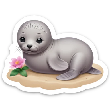 A small, slim baby seal resting gracefully on a sandy beach, with a delicate pink flower placed on its head.  Grey color sticker