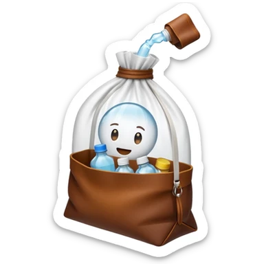 white transparent plastic bottles popping out of a leather brown bundle bag sticker