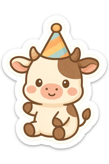a simple and cute cow wearing a birthday hat sticker