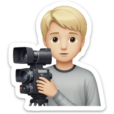 boy with medium blonde hair filming with a VHS camera sticker