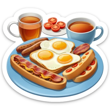 full English breakfast with eggs, bacon, sausage, beans, toast, and tomato with a cup of tea sticker
