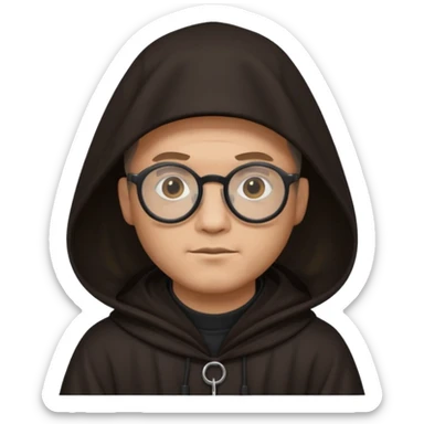 Monk priest prayer black habit with hood round black glasses done light brown wavy hair under hood  sticker
