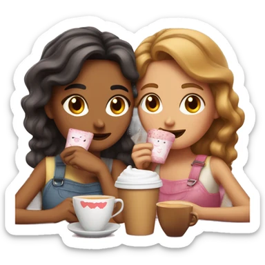 dos chicas de pelo café, durmiendo abrazadas con su gato café u corazones rosados flotando sticker