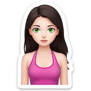A pretty girl with white skin and very long dark brown hair and a green eyes and wears a pink tight halter tops sticker