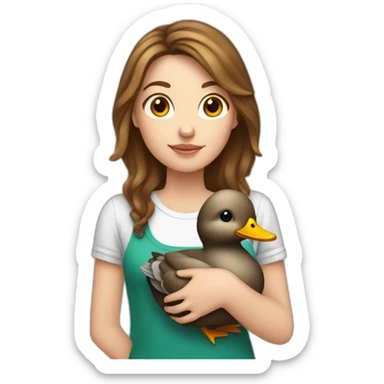 white girl with brown hairs hold a duck sticker