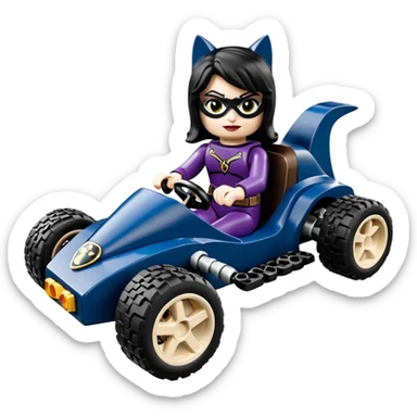 full size real-appearance road Lego racing sexy buxom CatWoman’s feminine midnight-colored tight outfit sixty’s tv show dark stealthy accurate sporty safe plush deluxe off-road pursuit drifting car jaguar (black hair,reclined and relaxed torso and shoulders back seating position) cross kart  sticker
