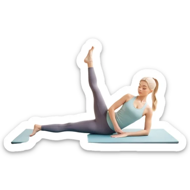 A person performing a Pilates exercise on a mat in a clean, modern studio. The focus is on core strength and flexibility, with a neutral, calming color palette. Simple equipment like a reformer machine and a soft, tranquil background enhance the feeling of controlled movement and focus. sticker