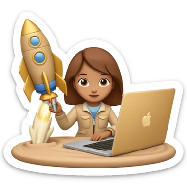 3D clay character with laptop and small rocket launching, cute rounded style, deep green (#0B3D2C), gold rocket, cream laptop, soft shadows, transparent background sticker