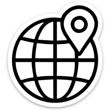 black outlined icon of a globe with a location pin, representing travel sticker