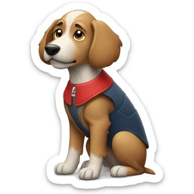 Hard-haired typing dog with a red vest sticker