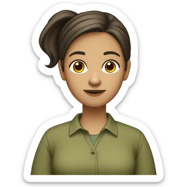one teacher that has a laptop, no glasses, really dark brown hair in a ponytail. medium skin tone, a olive green shirt. sticker