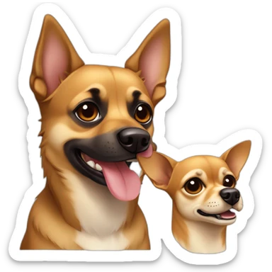 mutt dog with small german shephard head but larger chihuahua eyes and large overbite with left upper sharp canine tooth a crooked and sticking out mouth sticker