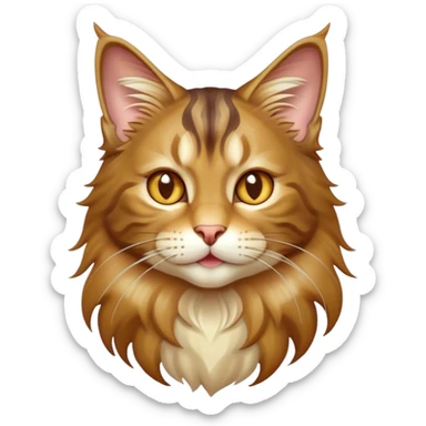 Cinematic Cute Maine Coon Cat Portrait Emoji, Head tilted playfully and inquisitively, sleek brown, gold, and cream tones, Simplified yet adorable features, highly detailed, glowing with a warm, friendly glow, high shine, curious and affectionate, stylized with a touch of whimsy, bright and alert, soft glowing outline, capturing the essence of a mischievous yet loving kitten, so endearing it feels like it could pounce out of the screen and play with its fluffy tail swishing! sticker
