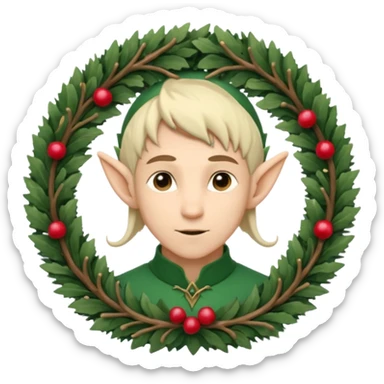 Fantasy elf portrait emoji, winter forest wreath made of pine branches and berries, elven ears visible, calm elegant expression, clean simple design, soft winter colors, flat emoji style, high readability, male variant
 sticker