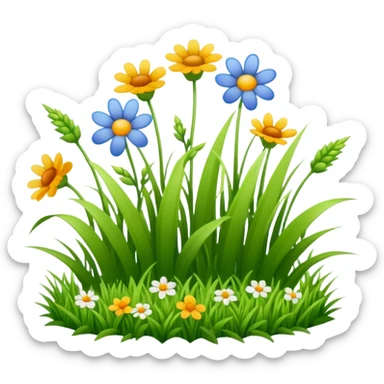 a patch of green grass with a few wildflowers, emoji style sticker