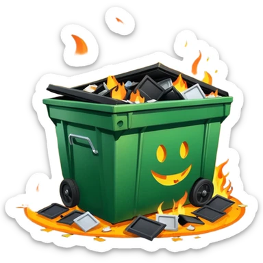 Green dumpster with a black partially open lid. surrounded by pieces of trash on the ground arount it. orange flames are buring lare an bright inside the dumpster. dumpster is smiling sticker