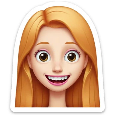 young girl with long straight ginger blonde hair, long face, big eyes, big long nose, big pink mouth with large teeth, exaggerated smile sticker