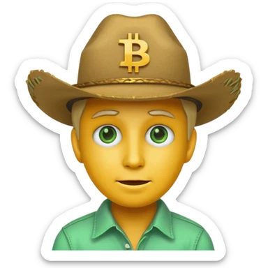 unisex yellow face emoji with a minty green cowboy hat that has '100x' on it, and Bitcoin logos as eyes sticker