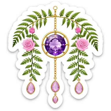 Hanging suncatcher, gold chains with shiny sparkly amethyst and rose-quartz gemstones, roses, fern-leaves  sticker
