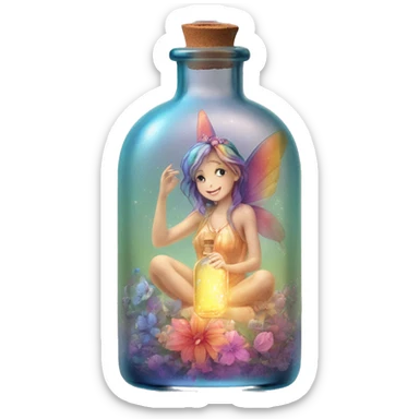 Antique oil bottle made of crystal glass of all delicate colors of the light rainbow, a living flower fairy sits at the bottom of the bottle sticker