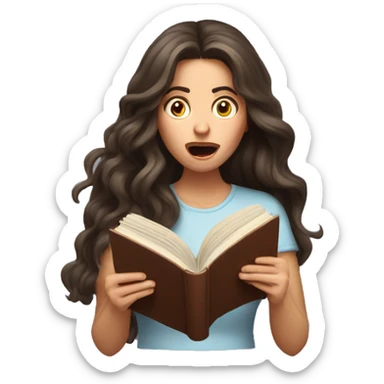 brunette long wavy hair woman shocked face while holding and reading book sticker