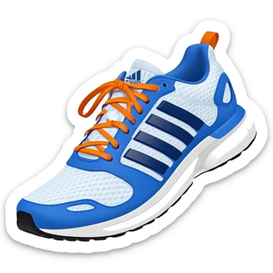 Adidas blue and white running shoes with orange shoe laces sticker