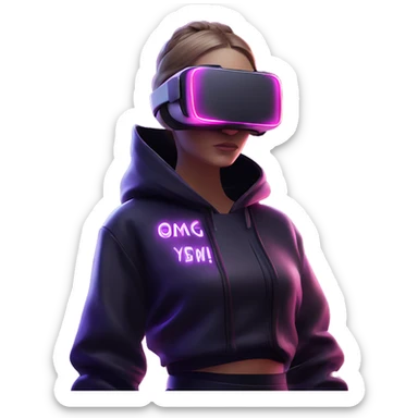 Russian girl wearing black hoody with violet letters "OMG", in vr headset oculus quest2. Standing like jedi. Cyberpunk style. Violet neon. sticker