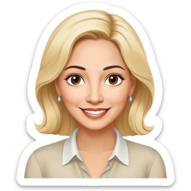 Warm-hearted Linette Torres, Puerto Rican actress in her 50s with light skin, extremely loving expression, bright gentle eyes, sweet welcoming smile, elegant blonde hair, wearing a simple relaxed blouse sticker