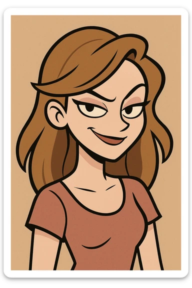 a beautiful girl with a confident, sly smirk and sharp, expressive eyes, bold cartoon style sticker