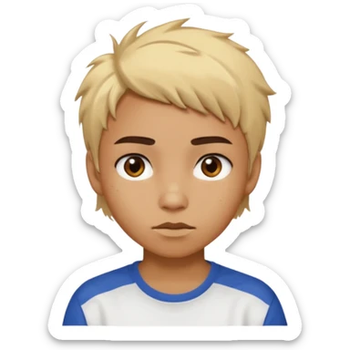 caramel skin color. Teen age. Short buzz, messy blonde hair, dark brown bushy eyebrows large expressive golden-brown eyes, brown skin color, scar over nose, wearing a plain white t-shirt. sticker